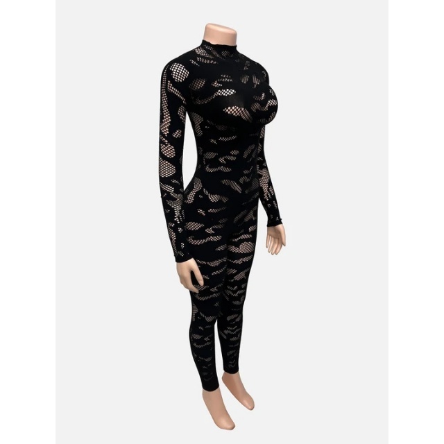 Sheer Mesh Hollow Out Skinny Jumpsuit