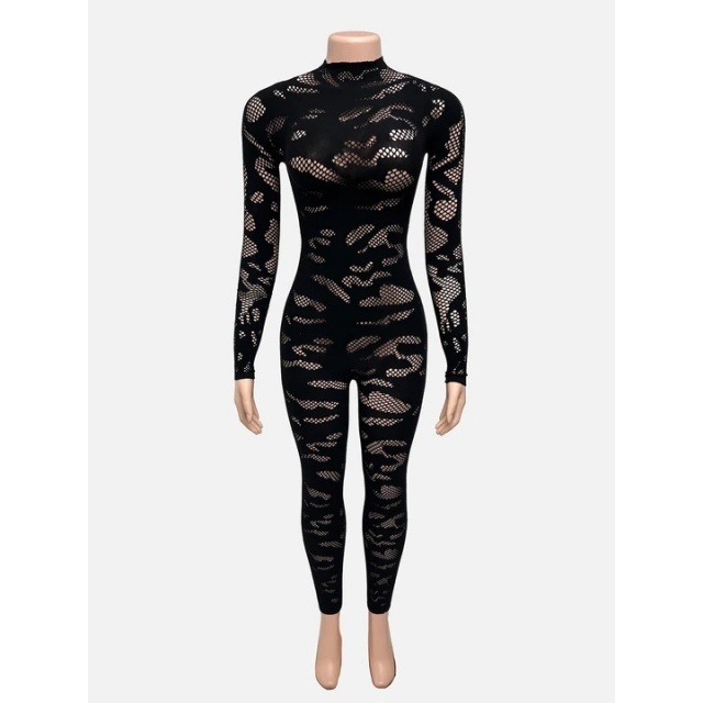 Sheer Mesh Hollow Out Skinny Jumpsuit