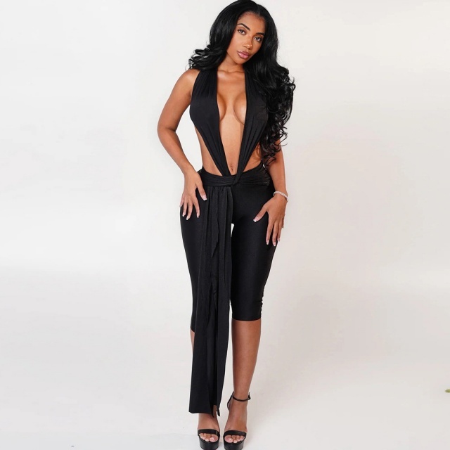Deep V Neck Halter Backless Skinny Jumpsuit