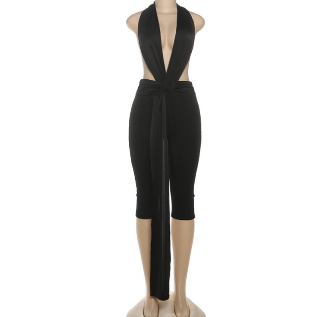 Deep V Neck Halter Backless Skinny Jumpsuit