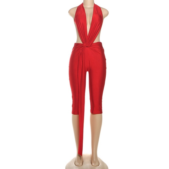 Deep V Neck Halter Backless Skinny Jumpsuit