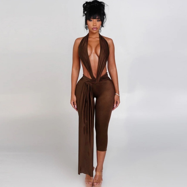 Deep V Neck Halter Backless Skinny Jumpsuit