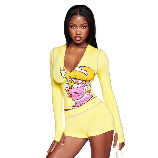 Hooded Long Sleeve Hooded Top Two Pieces Short Set
