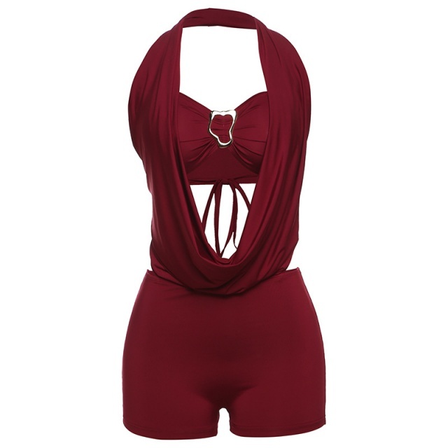 Solid Color Halter Neck Backless Short Set