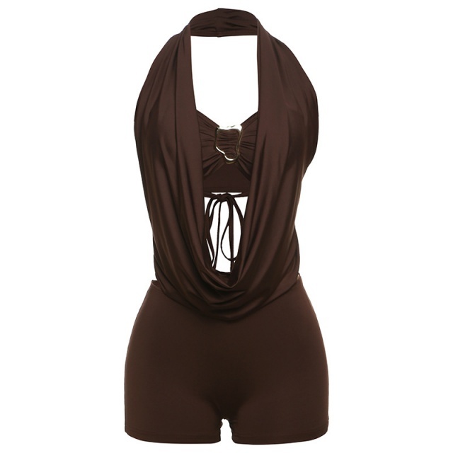Solid Color Halter Neck Backless Short Set