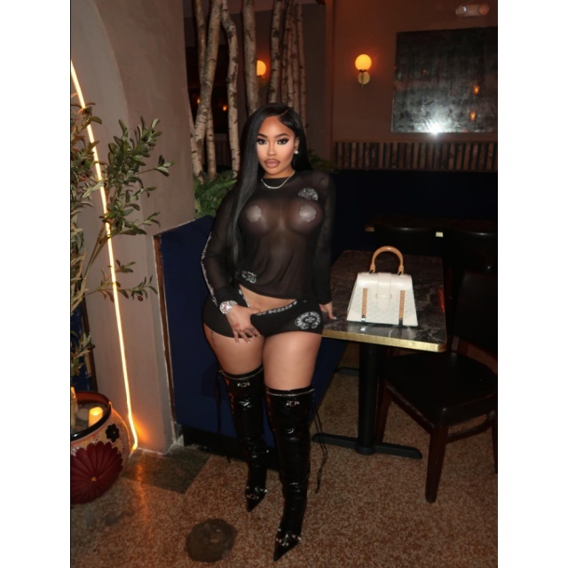 Rhinestoned Sheer Mesh Two Pieces Short Set