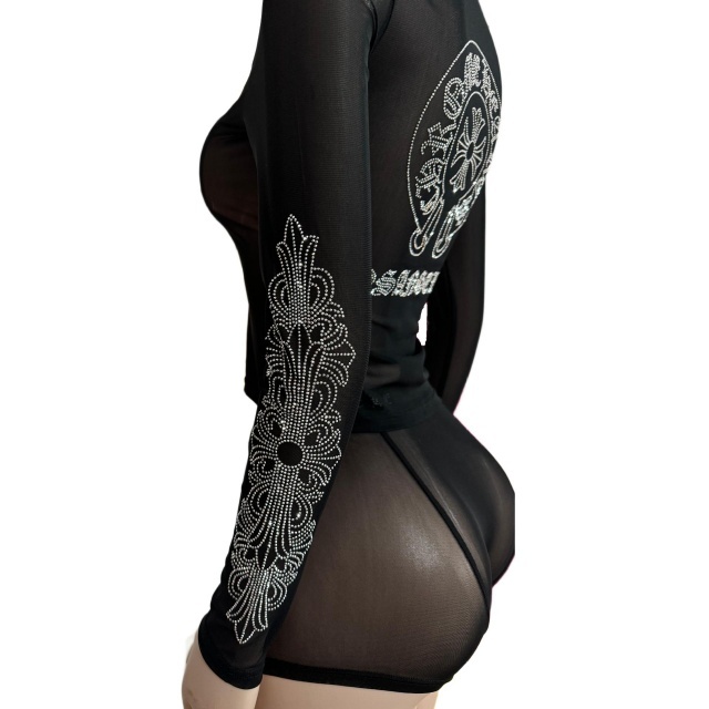 Rhinestoned Sheer Mesh Two Pieces Short Set