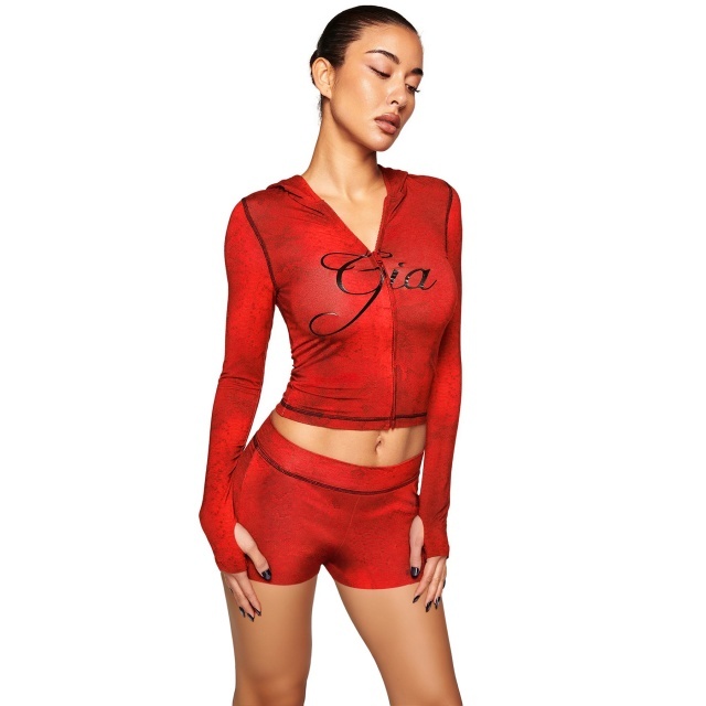 Printed Fashion Hooded Top Short Set Two Pieces