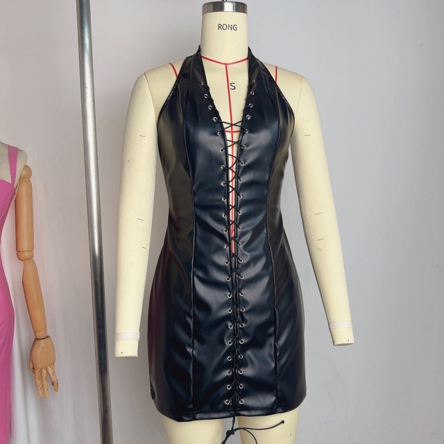 Halter Neck Hollow Out Laced-up Mini Dress