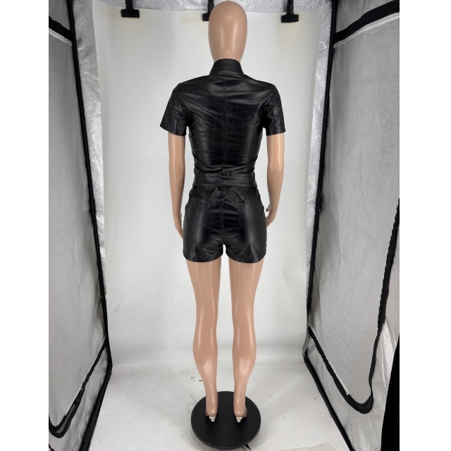 PU Leather Zipper Up Two Pieces Short Set