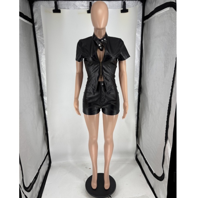 PU Leather Zipper Up Two Pieces Short Set