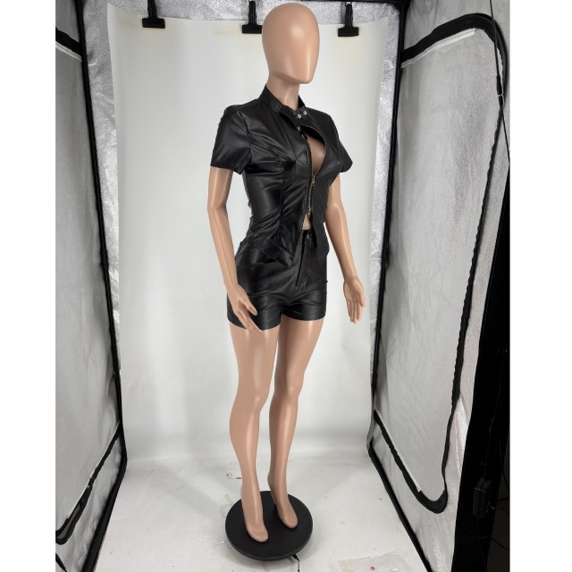 PU Leather Zipper Up Two Pieces Short Set