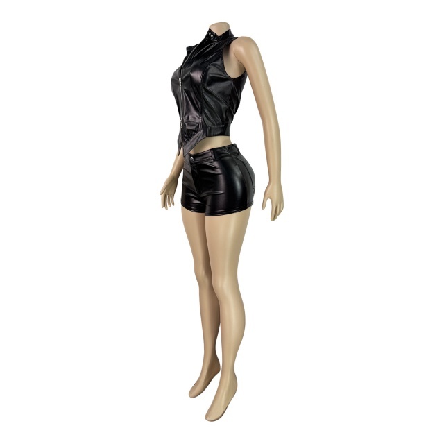 Two-way Zipper Motorcycle Sleeveless Short Set