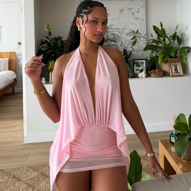 Deep V Neck Sleeveless Backless Mini Dress