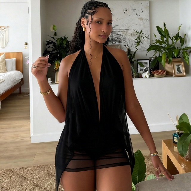 Deep V Neck Sleeveless Backless Mini Dress