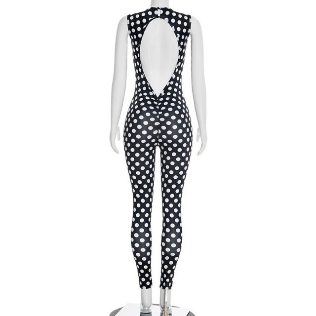 Dots Printed Backless Slim Fit Jumpsuit
