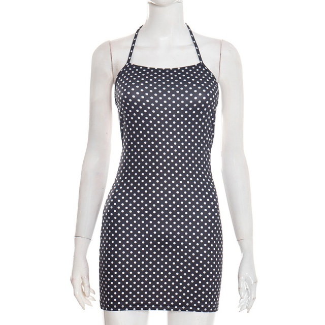 Dots Printed Halter Backless Bodycon Dress
