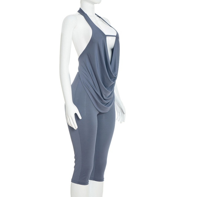 Halter V Neck Sleeveless Top Slim Fit Short Set