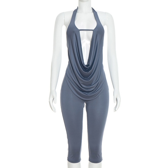 Halter V Neck Sleeveless Top Slim Fit Short Set