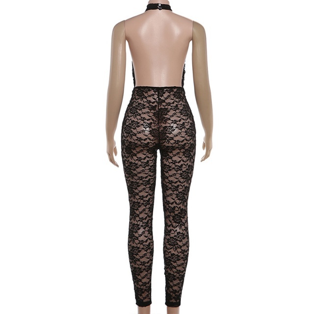 Hollow Out Sheer Lace Slim Fit Jumpsuit