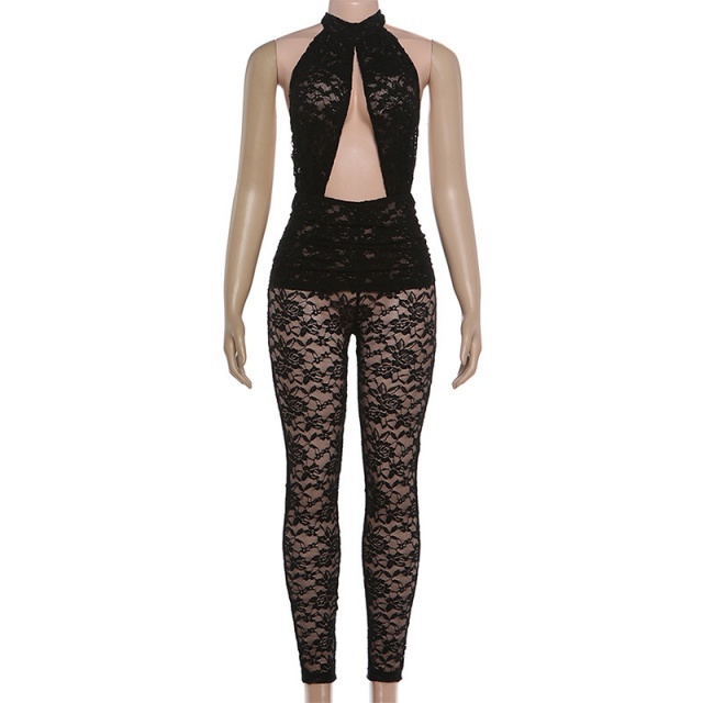 Hollow Out Sheer Lace Slim Fit Jumpsuit