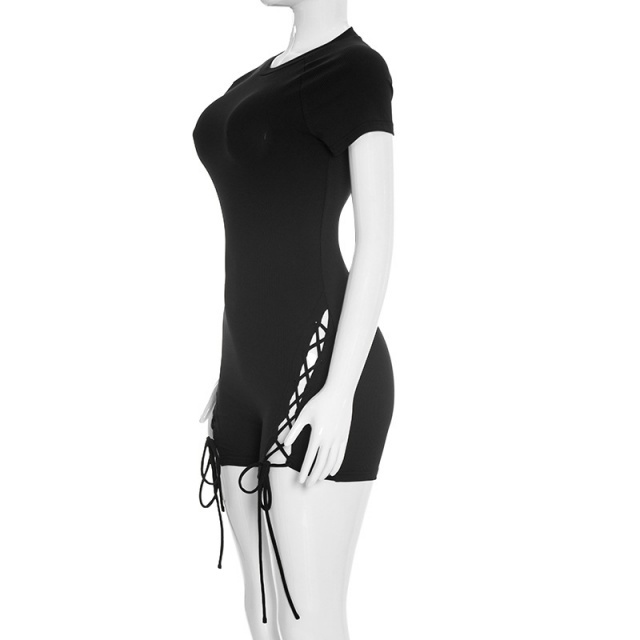 Short Sleeve Hollow Out Laced Up Skinny Romper