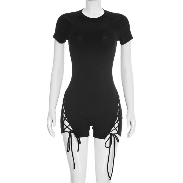 Short Sleeve Hollow Out Laced Up Skinny Romper