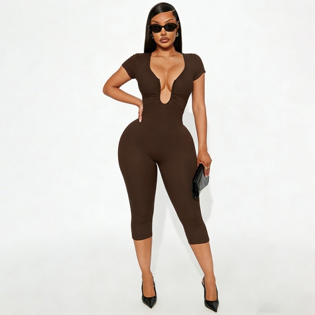 Solid Color U Neckline Skinny Romper
