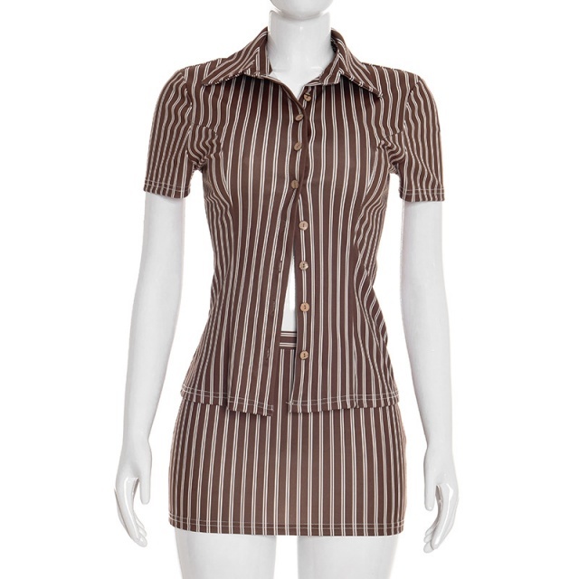 Striped Printed Blouse Shirt Skirt Set