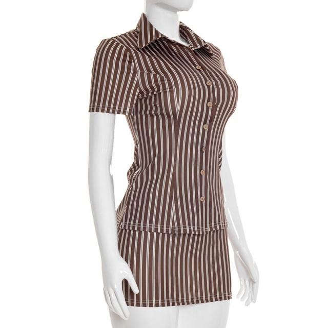 Striped Printed Blouse Shirt Skirt Set