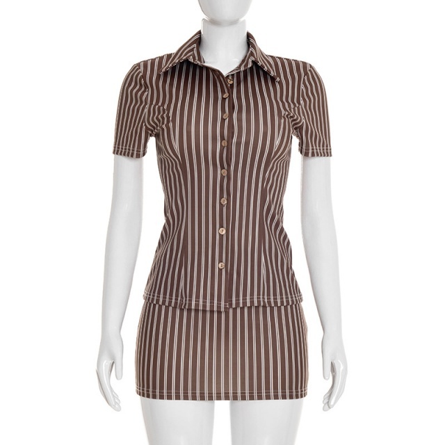 Striped Printed Blouse Shirt Skirt Set