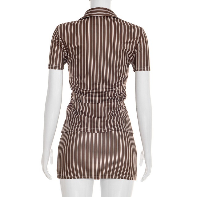 Striped Printed Blouse Shirt Skirt Set