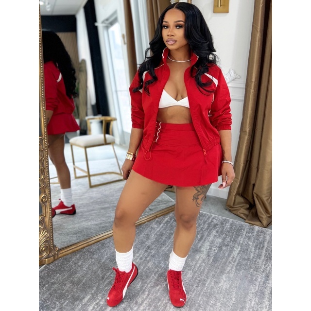 Colorblock Zipper Up Jacket Side Ruched Skirt Short Set