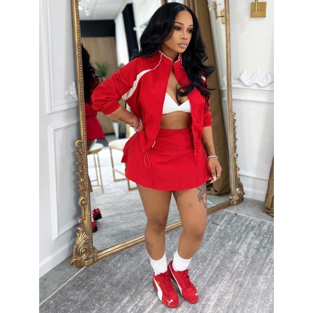 Colorblock Zipper Up Jacket Side Ruched Skirt Short Set