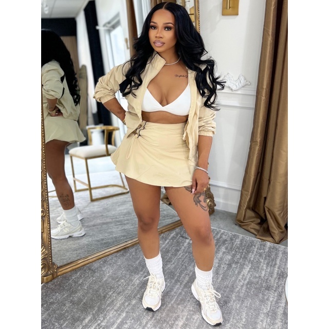 Colorblock Zipper Up Jacket Side Ruched Skirt Short Set