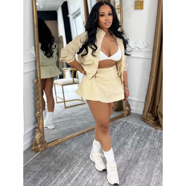 Colorblock Zipper Up Jacket Side Ruched Skirt Short Set
