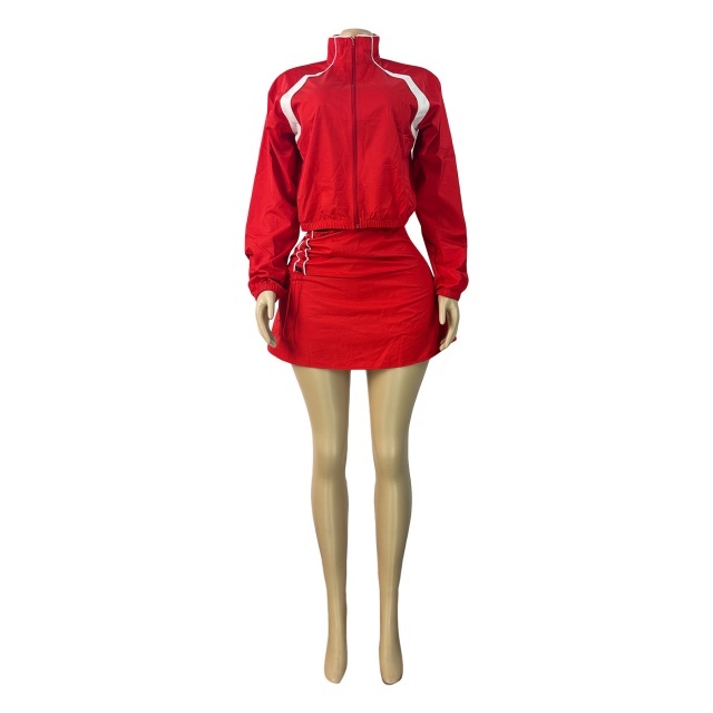 Colorblock Zipper Up Jacket Side Ruched Skirt Short Set