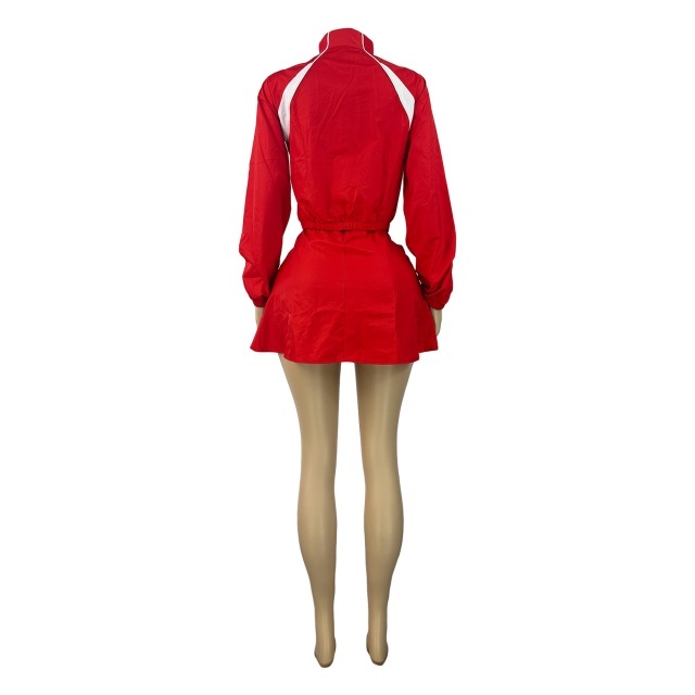 Colorblock Zipper Up Jacket Side Ruched Skirt Short Set
