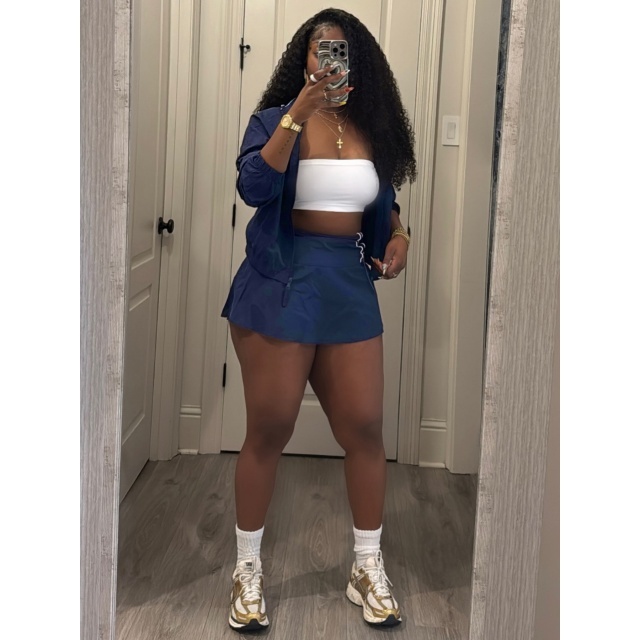 Colorblock Zipper Up Jacket Side Ruched Skirt Short Set