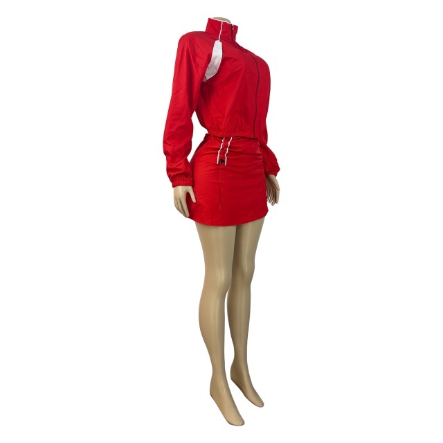 Colorblock Zipper Up Jacket Side Ruched Skirt Short Set