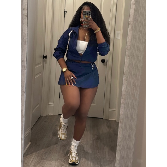 Colorblock Zipper Up Jacket Side Ruched Skirt Short Set