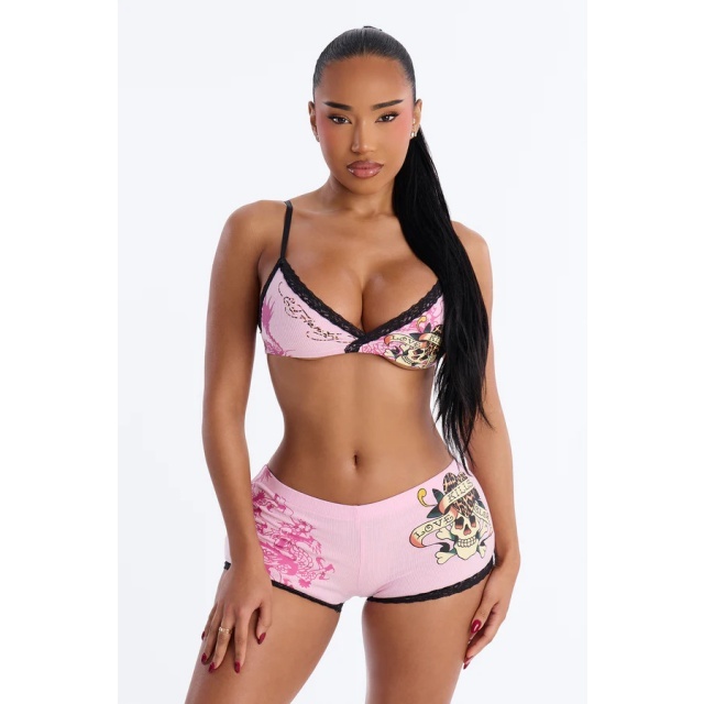 Lace Trim Printed Bikinis Top Mini Short Set