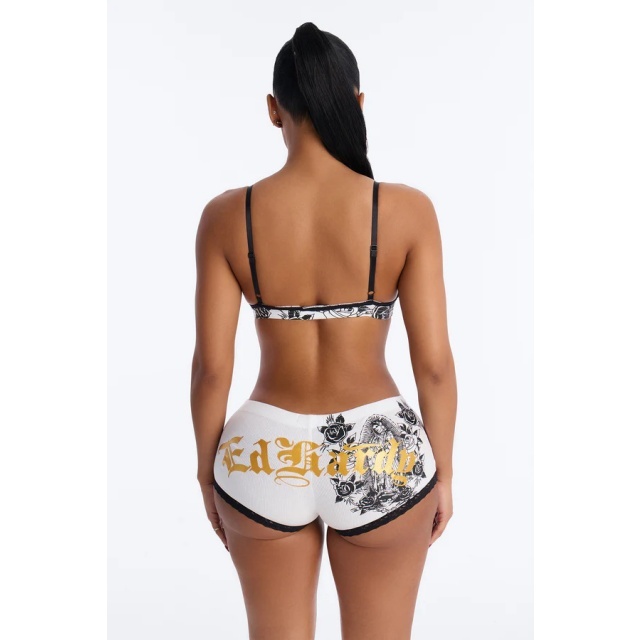 Lace Trim Printed Bikinis Top Mini Short Set