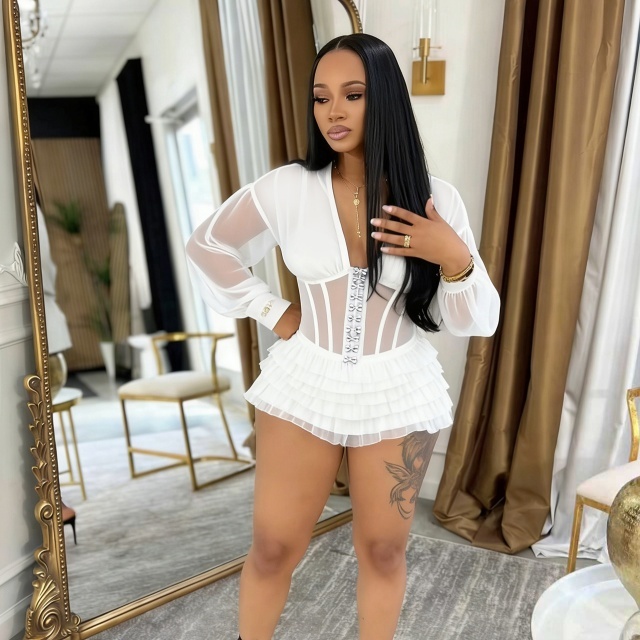 Sheer Mesh Corset Ruched Romper