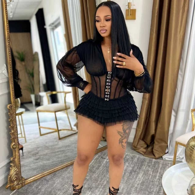 Sheer Mesh Corset Ruched Romper
