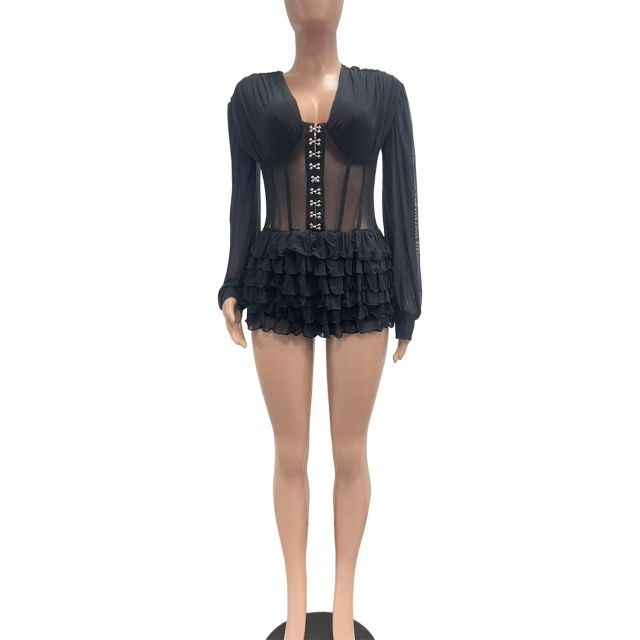 Sheer Mesh Corset Ruched Romper