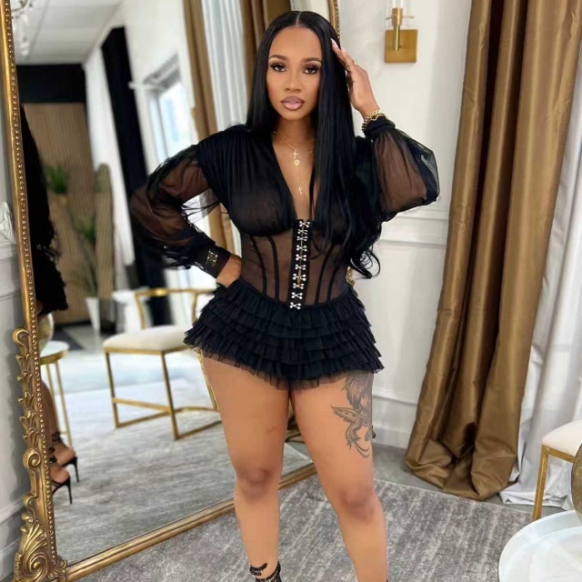 Sheer Mesh Corset Ruched Romper
