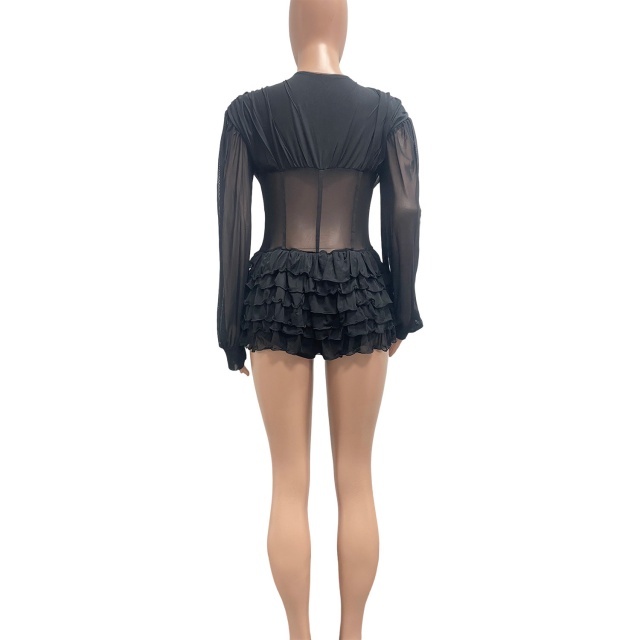 Sheer Mesh Corset Ruched Romper