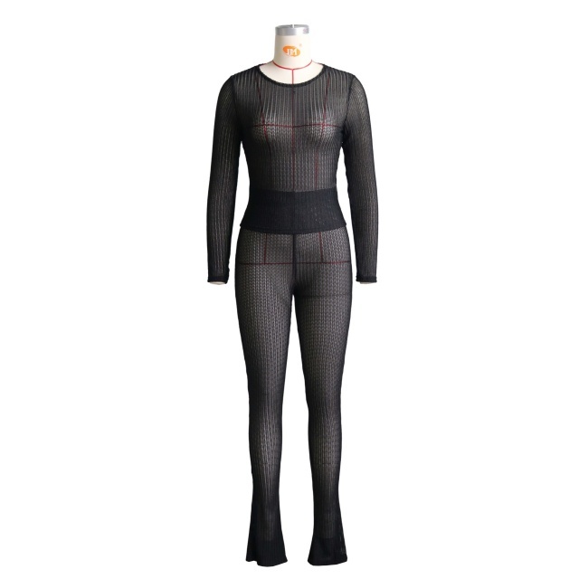 Solid Color See Through Slim Fit Pant Set