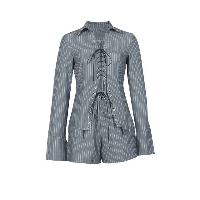 Striped Printed Laced Up Blouse Shirt Short Set